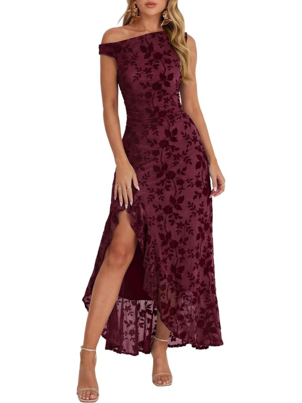 Women's Summer Off Shoulder Formal Burgundy Floral Bodycon Cocktail Maxi Dress